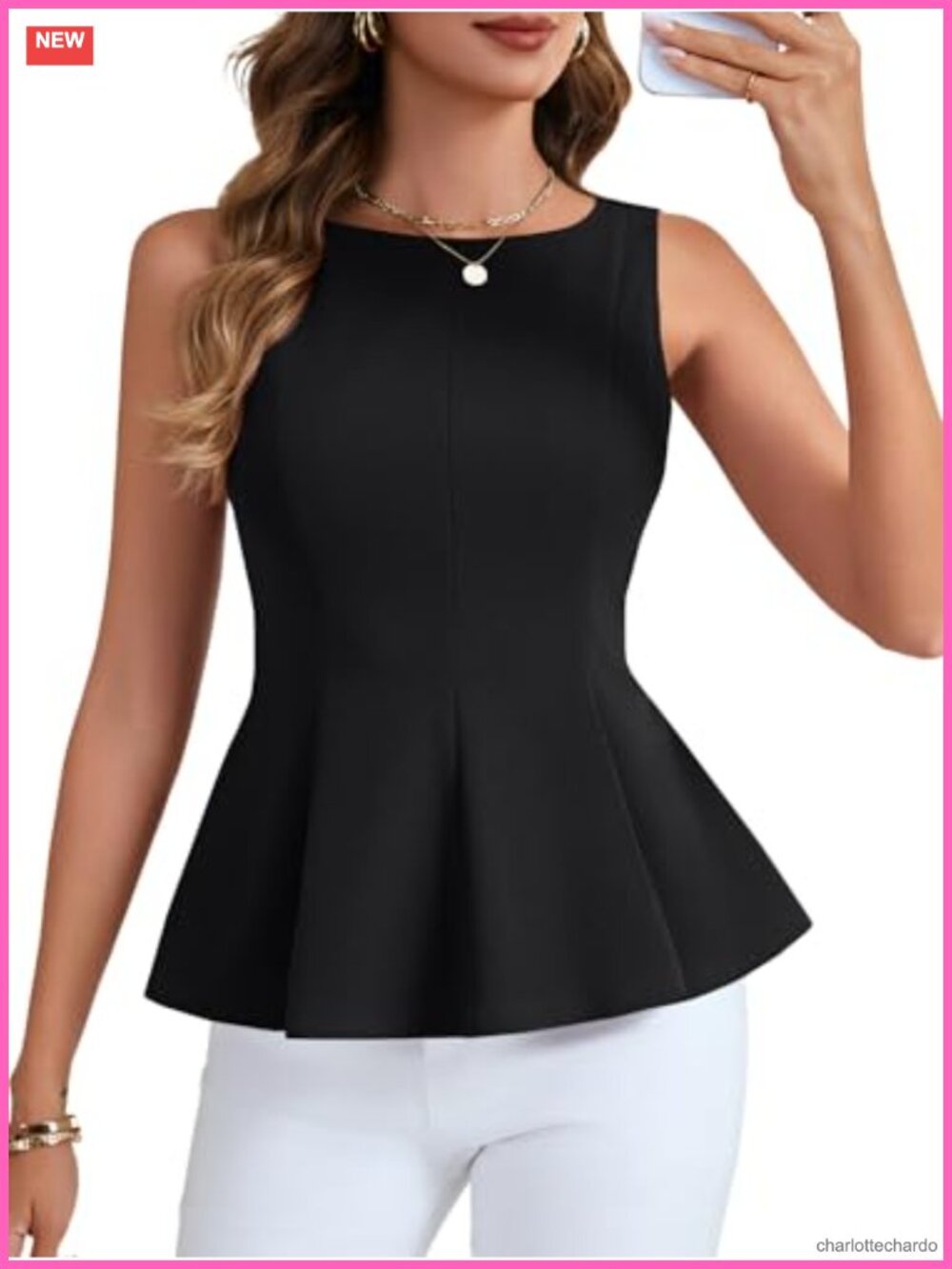 Sleeveless Peplum Tank Top Ruffle Hem Zipper Back 95% Polyester 5% Spandex
